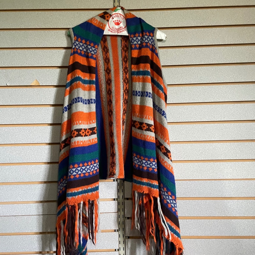 Striped Fringe Vest Colorful Sleeveless Sweater Duster Cardigan Size L